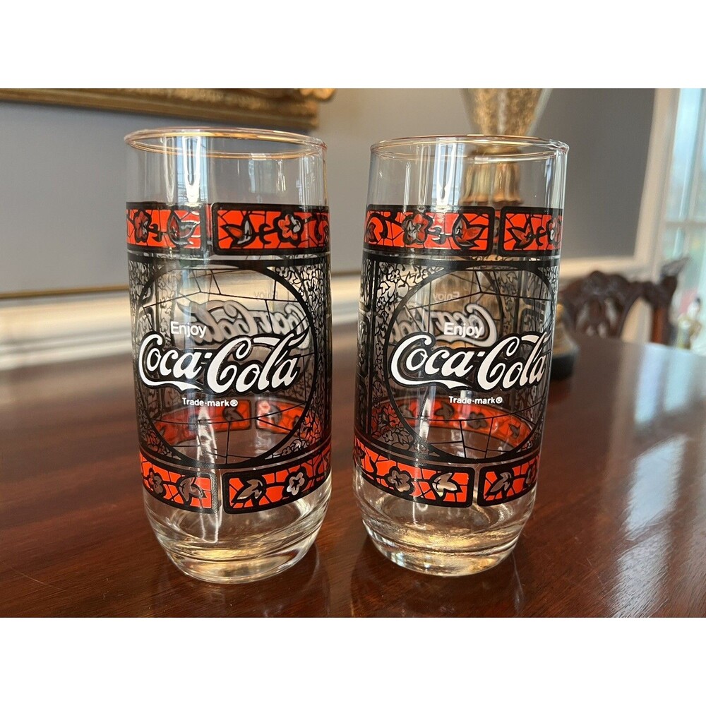 Vintage Set of 2 Coca Cola Trade Mark Tiffany Stained Soda Drinking Glasses